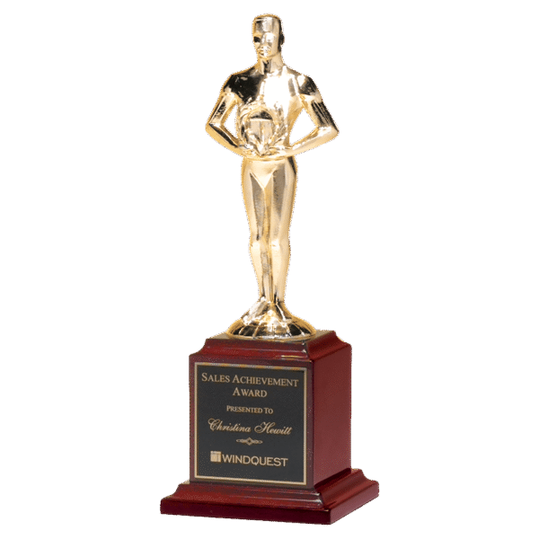 9" Cast Metal Goldtone Finish Classic Achiever Figure on a Rosewood Piano Finish Base with a Black Laserable Plate