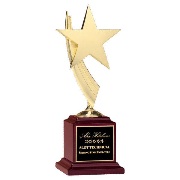 13" Star Casting in Goldtone Finish on Rosewood Piano Finish Base with Black Laserable Plate