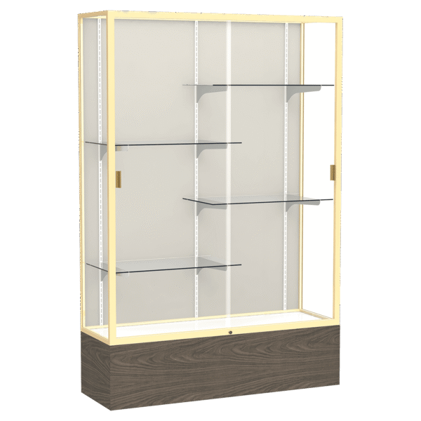 72"H x 48"W x 16"D Walnut Vinyl Finish, Plaque Fabric Back, Champagne Aluminum Frame, Reliant Display Case