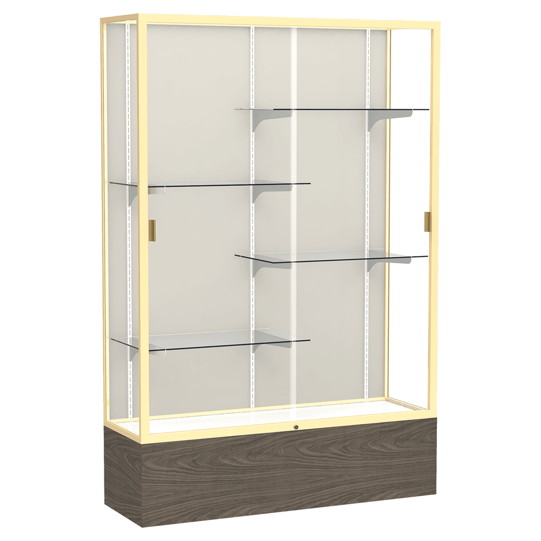 72"H x 48"W x 16"D Walnut Vinyl Finish, Plaque Fabric Back, Champagne Aluminum Frame, Reliant Display Case