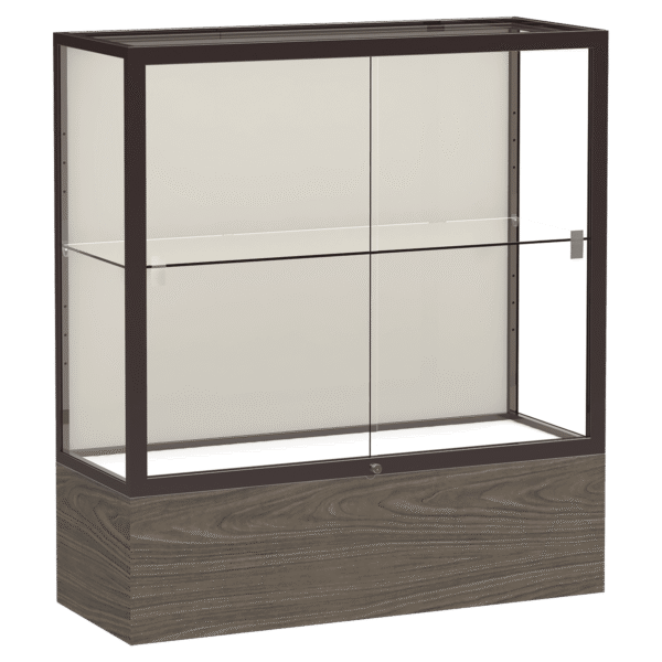 40"H x 36"W x 14"D Walnut Vinyl Finish, Plaque Fabric Back, Dark Bronze Aluminum Frame, Reliant Display Case