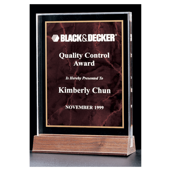 5" x 7 5/8" Ruby Marble Acrylic Award with American Walnut Base
