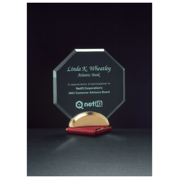 6" x 6 1/2" Octagon Series Jade Acrylic with Rosewood Piano Finish Base, Gold Metal Accent