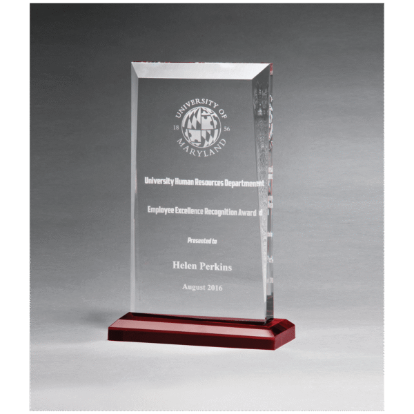 5 1/2" x 8 3/4" Apex Series Clear Acrylic Award with Red Highlights and Red Base
