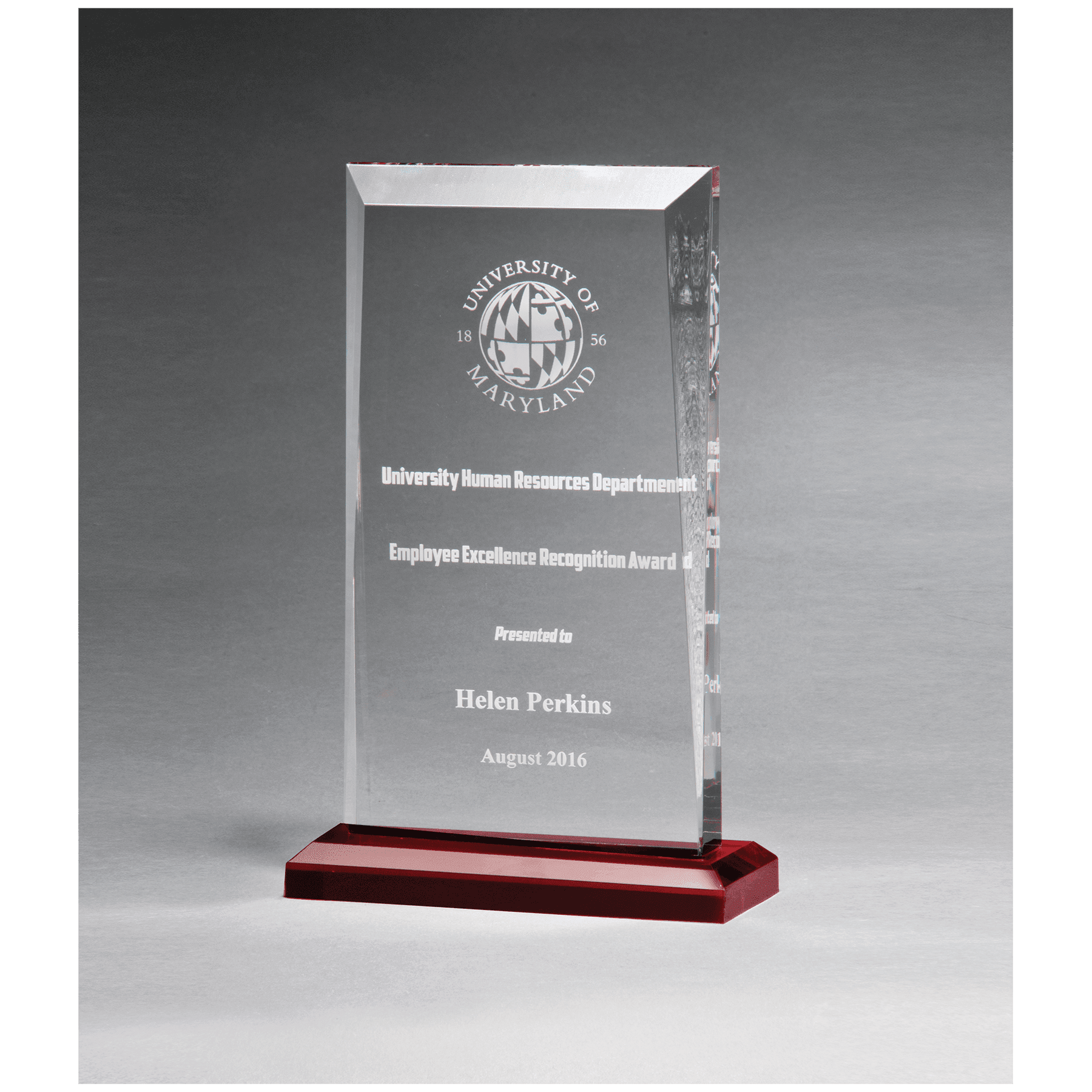 5 1/2" x 8 3/4" Apex Series Clear Acrylic Award with Red Highlights and Red Base