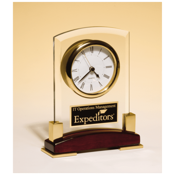 6 x 7 3/4" Beveled Glass Desk Clock, Rosewood Piano Finish Base, Gold MetalAccent with Black Plate