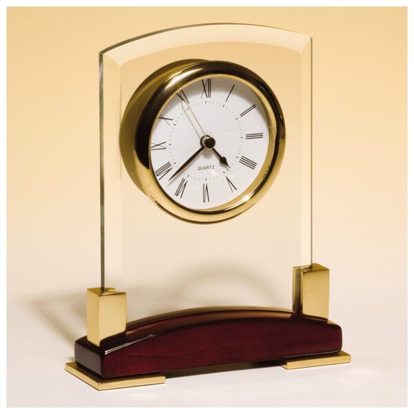 6 x 7 3/4" Beveled Glass Desk Clock, Rosewood Piano Finish Base, Gold MetalAccent-Plate Not Included