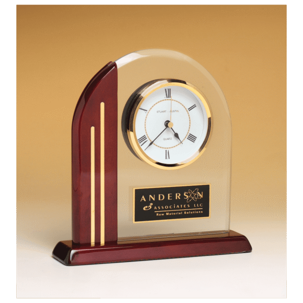 7 1/2" x 7 7/8" Arch Clock with Glass Upright and Rosewood Piano Finish Post and Base with Plate