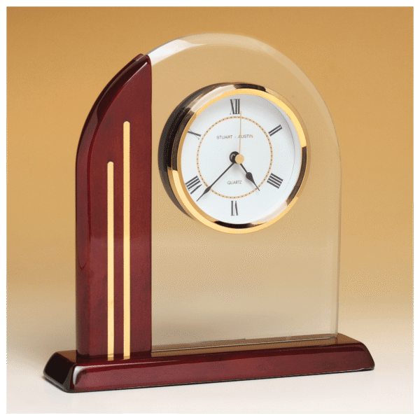 7 1/2" x 7 7/8" Arch Clock with Glass Upright and Rosewood Piano Finish Post and Base-Plate Not Included
