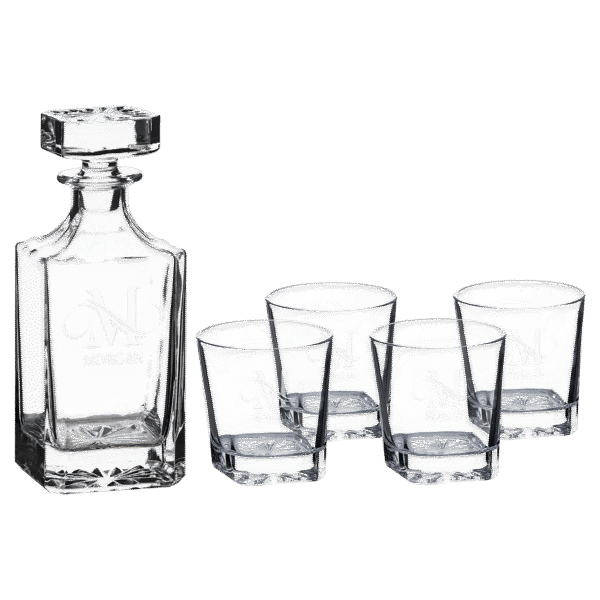 Polar Camel 750 mL Square Glass Decanter Set with Four 11 oz. Rocks Glasses in Black Gift Box with Printed Paper Sleeve