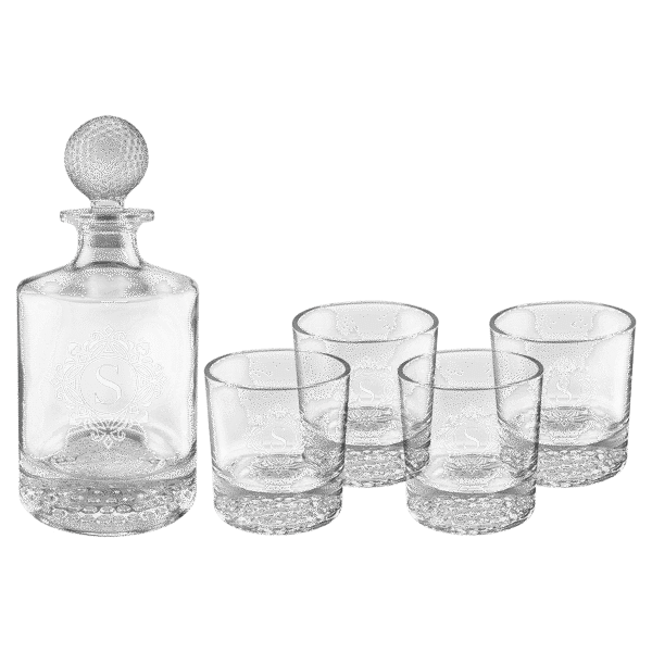 Polar Camel 850mL Round Golf Glass Decanter Set with Four 9 oz. Golf Rocks Glasses in Black Gift Box with Printed Paper Sleeve