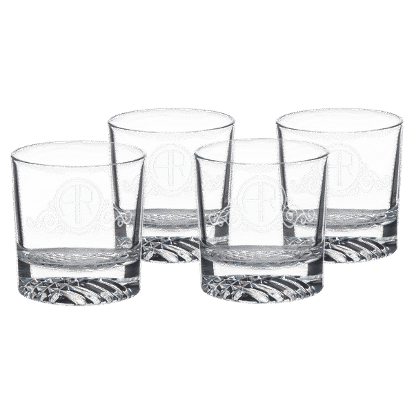 Four Polar Camel 9 oz. Round Rocks Glasses in Black Gift Box with Printed Paper Sleeve