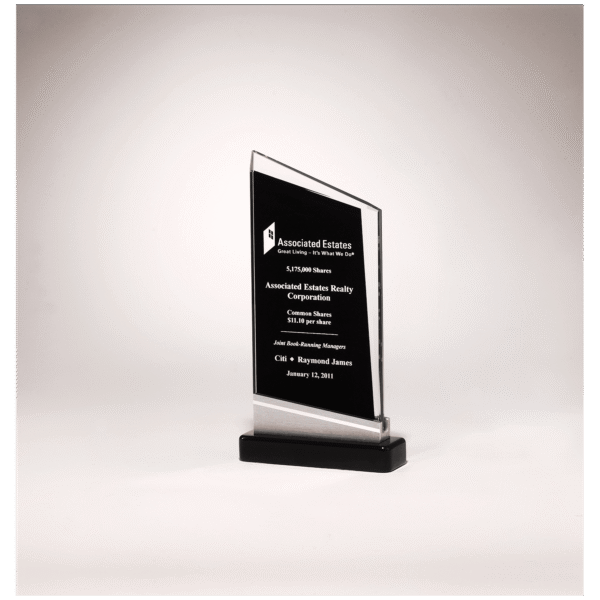 4 3/4" x 7 7/8" Zenith Series Glass Award, Black Piano Finish Base with Silver Aluminum Accent