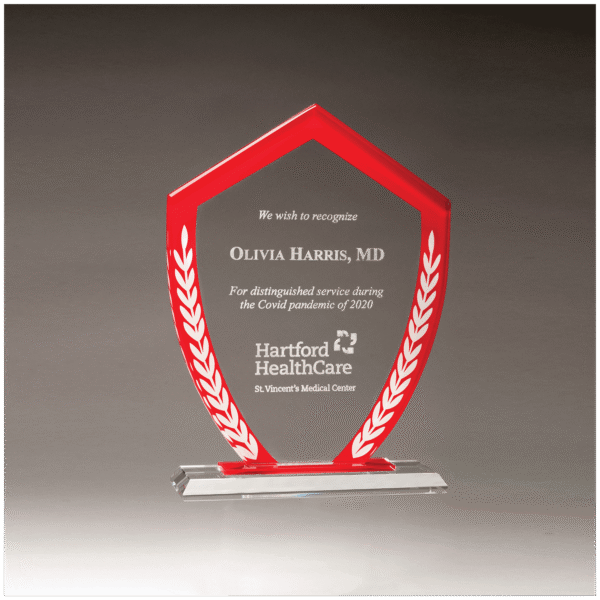 5 7/8" x 8 1/8" Shield Shaped Glass Award with Red Border and White Laurel Leaves