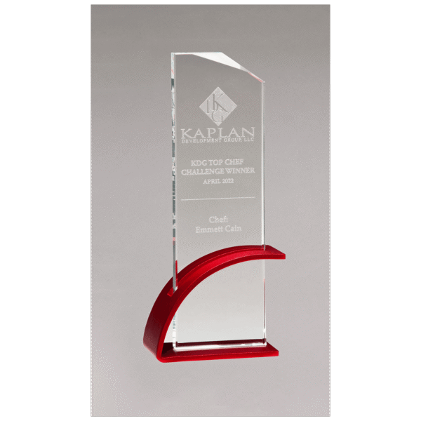 3 7/8" x 8 1/2" x 1/2" Thick Red Contemporary Clear Glass Award, Arched Base with Matte Metallic Finish