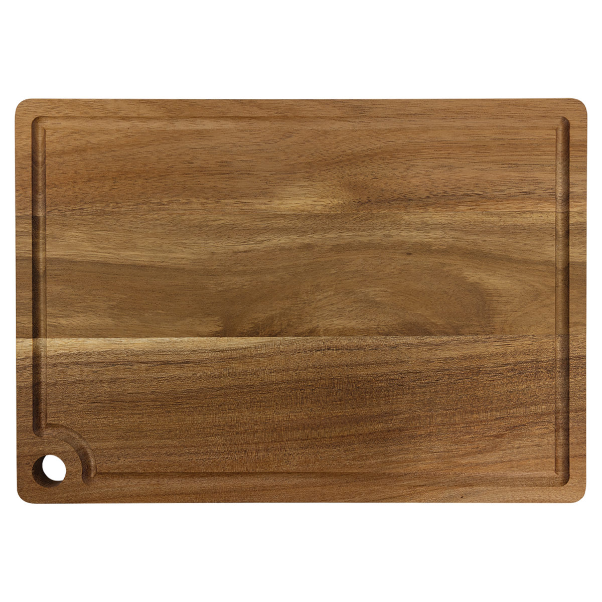 Personalized 13 3/4" x 9 3/4" Acacia Cutting Board with Drip Ring and Corner Hole - Image 2