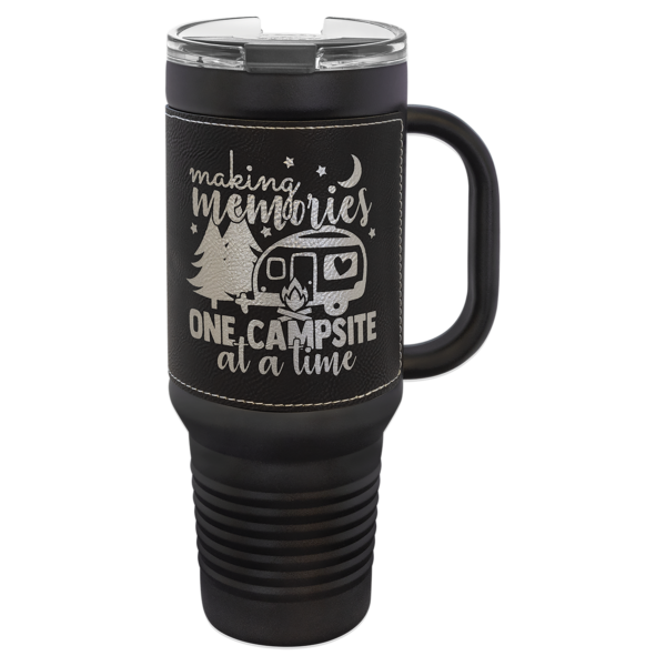 Polar Camel 40 oz. Black with Black/Silver Laserable Leatherette Travel Mug with a Handle & Straw