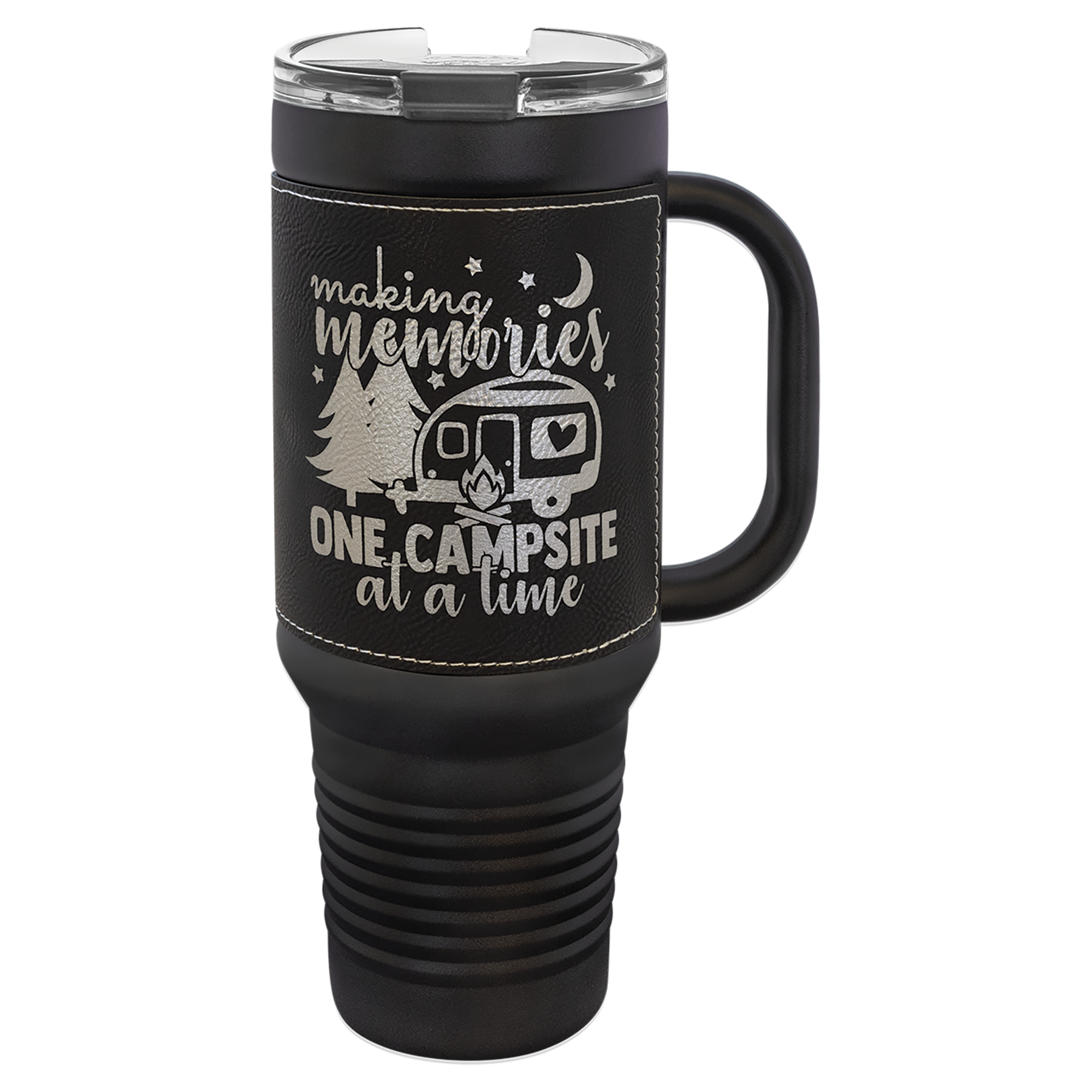 Polar Camel 40 oz. Black with Black/Silver Laserable Leatherette Travel Mug with a Handle & Straw
