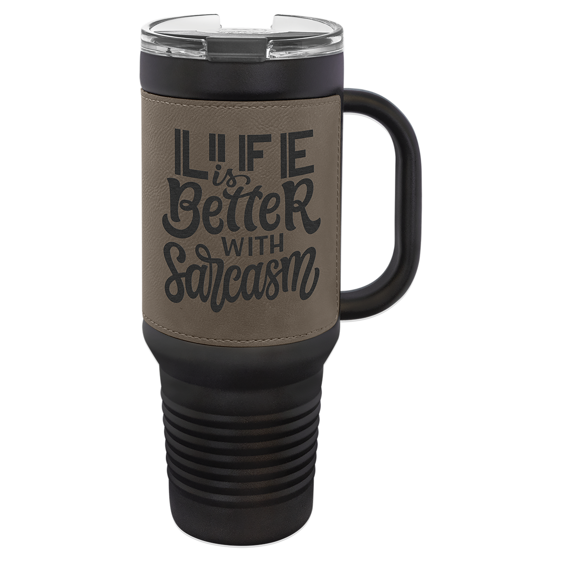 Polar Camel 40 oz. Black with Black/Silver Laserable Leatherette Travel Mug with a Handle & Straw - Image 2