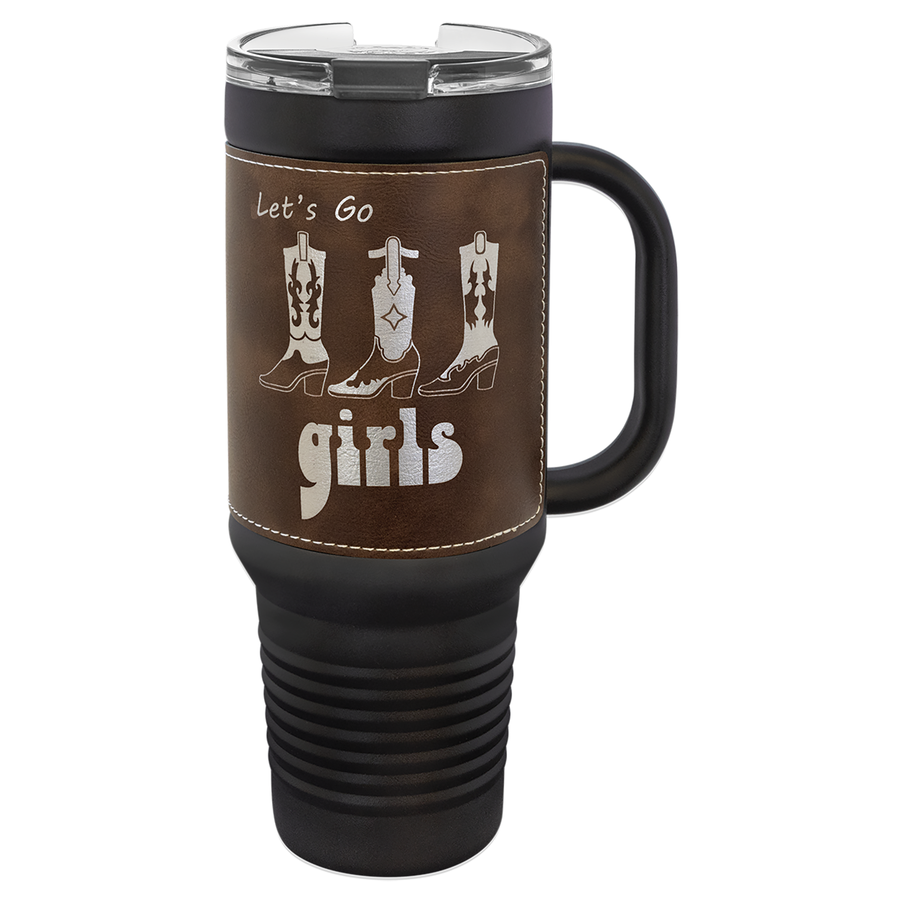 Polar Camel 40 oz. Black with Black/Silver Laserable Leatherette Travel Mug with a Handle & Straw - Image 3