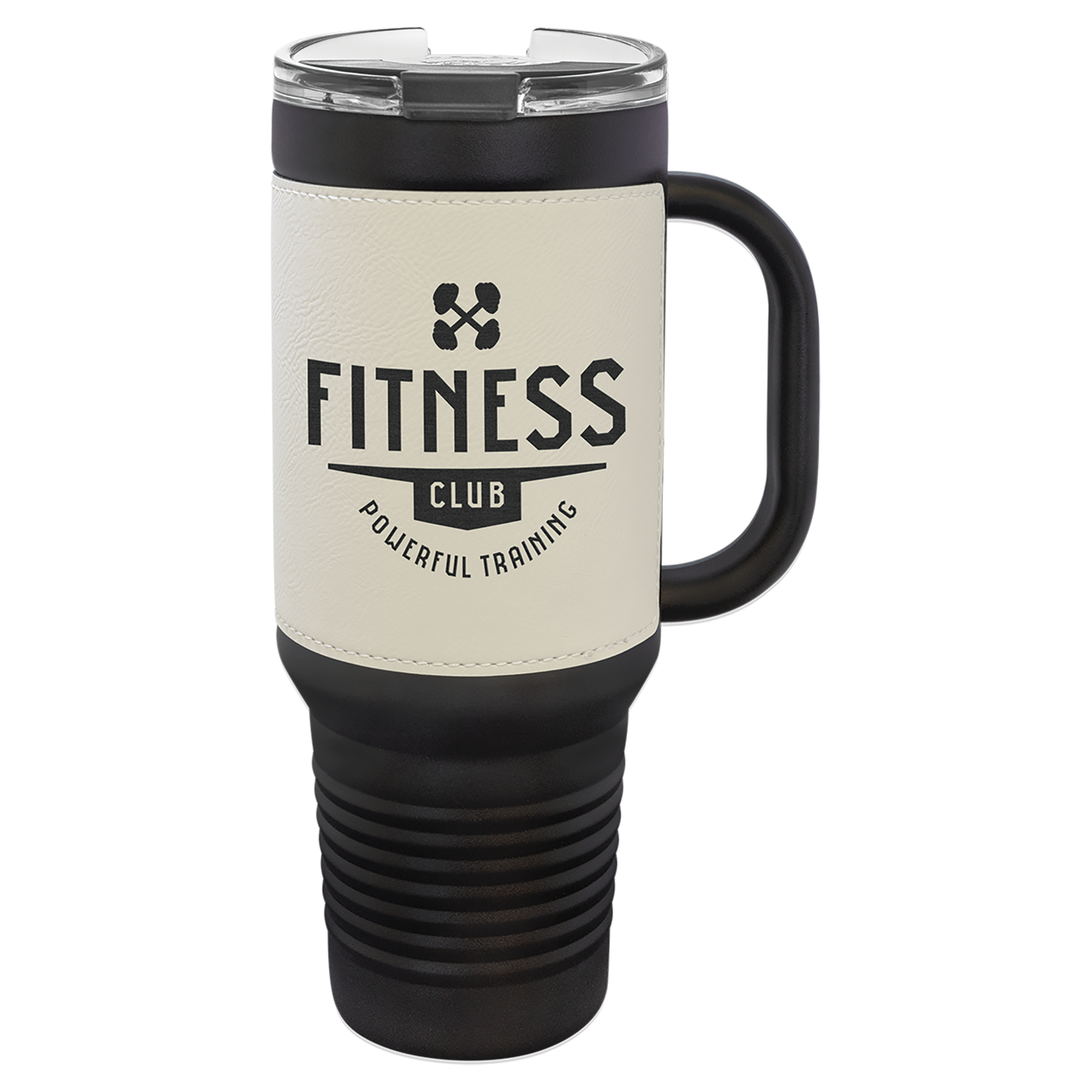 Polar Camel 40 oz. Black with Black/Silver Laserable Leatherette Travel Mug with a Handle & Straw - Image 4