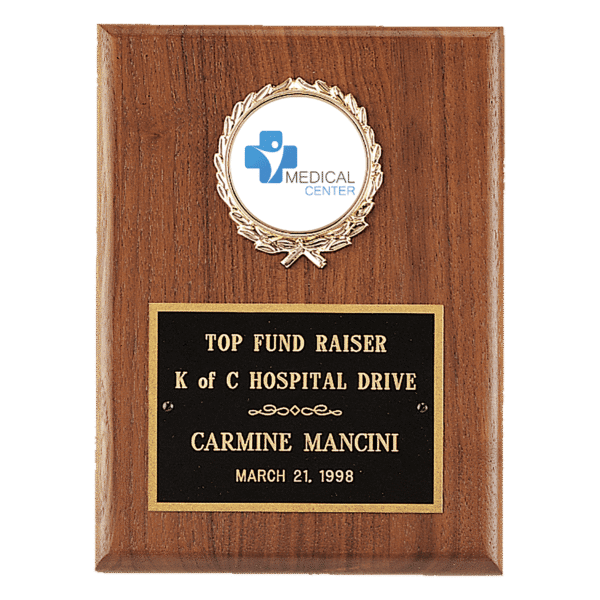 6" x 8" American Walnut Plaque with Gold Border Black Laserable Brass Plate and 2" Insert Holder- Witney Series (2" Inserts Sold Seperately)