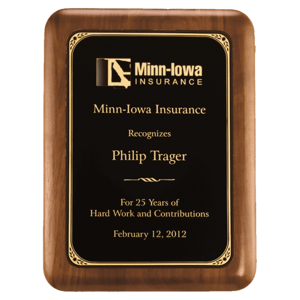 8" x 10 1/2" American Walnut Plaque with Gold Border Laserable Black Brass Plate