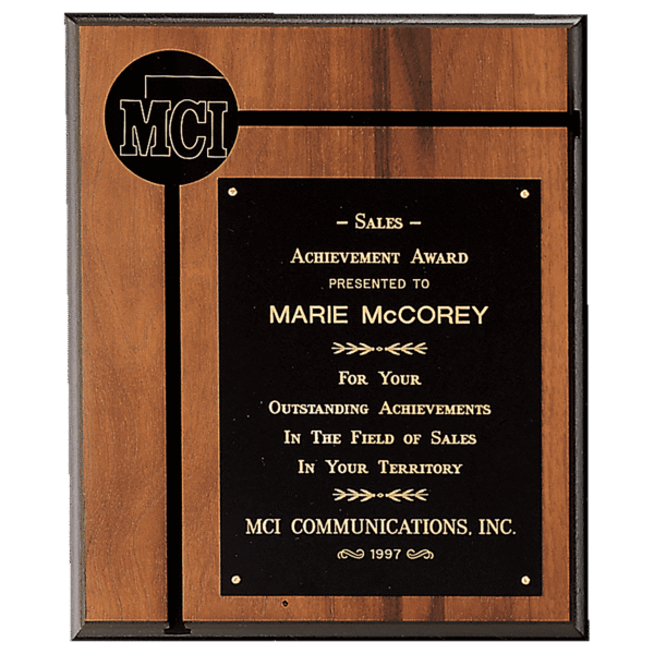 7" x 9" American Walnut Routed Plaque w/Black Brass Plate and 2 1/2" Black Brass Disc