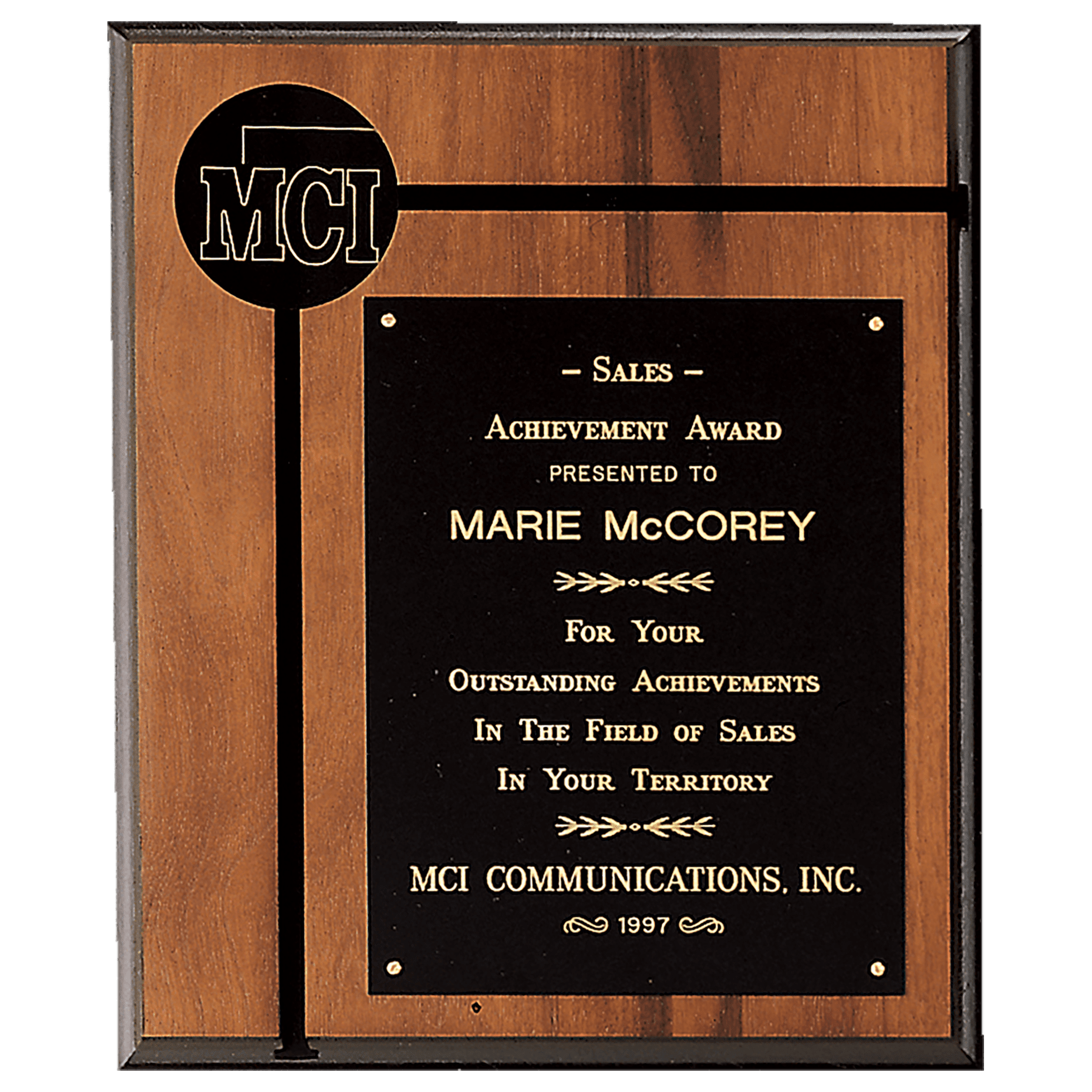 12" x 14" American Walnut Routed Plaque w/Black Brass Plate and 2 1/2" Black Brass Disc