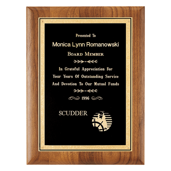 8" x 10 1/2" Coventry Series American Walnut Plaque with Gold Florentine Border Textured Black LaserFX Plate