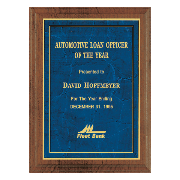 8" x 10" American Walnut Step Edge Plaque wiht a Gold Border Sapphire Marble LaserFX Plate