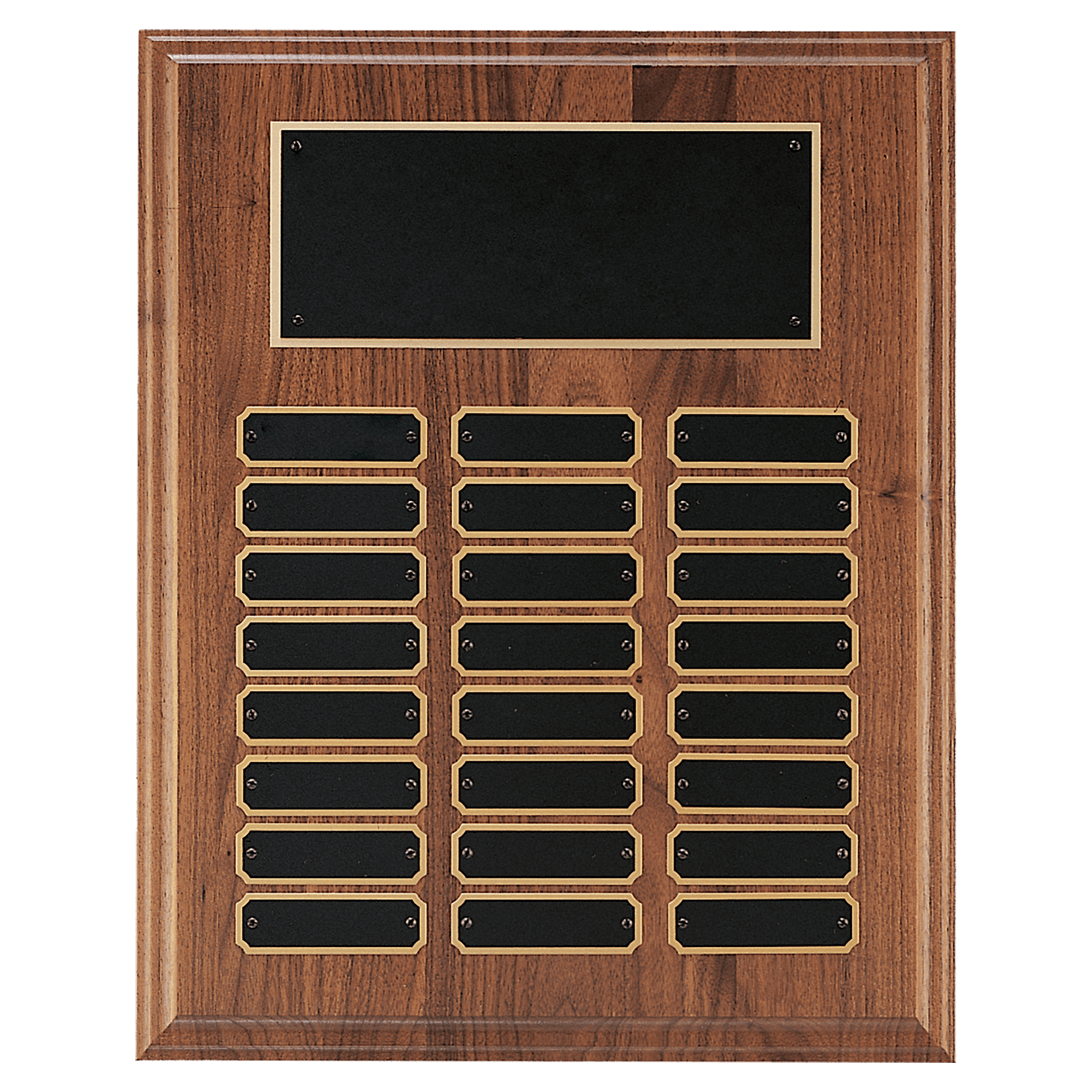 12" x 15" Walnut Step-Edge 24 Plate Perpetual Plaque with Black Brass Plate