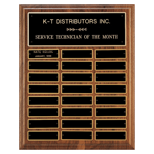 12" x 15"/Plates 1" x 3 1/4" Walnut Step-Edge 24 Plate Perpetual Plaque with Black Brass Plate