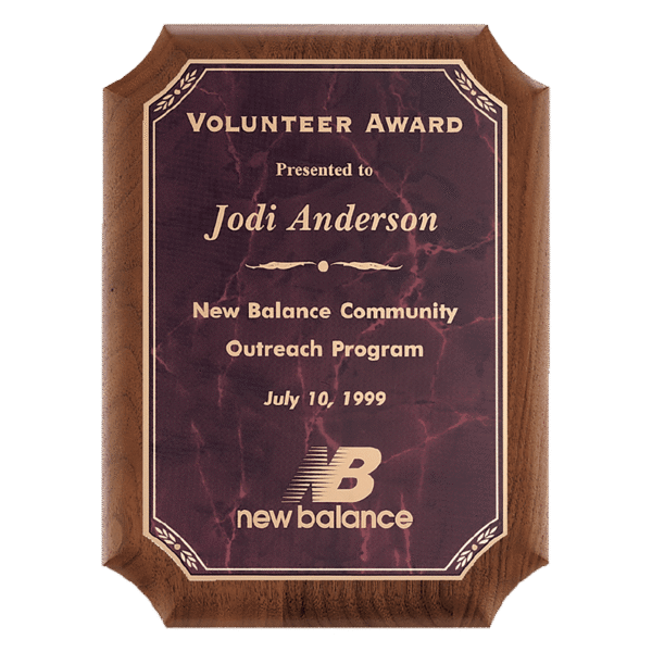 8" x 10 1/2" American Walnut Plaque with Gold Border Ruby Marble LaserFX Plate