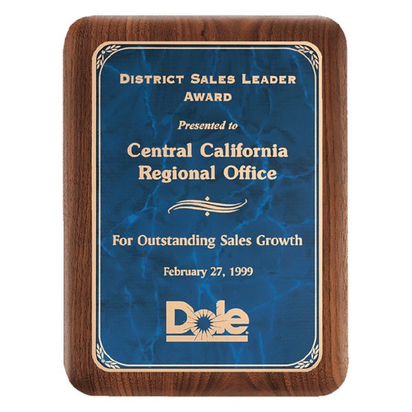 7" X 9" American Walnut Plaque with Gold Border Sapphire Marble LaserFX Plate