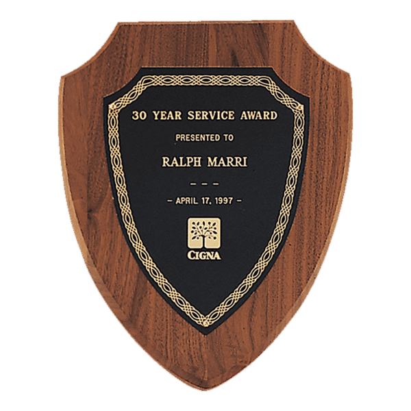 10" x 12" Jewelers Black Laserable Gold Border Shield Plate on an American Walnut Shield Plaque- Sheffield Series