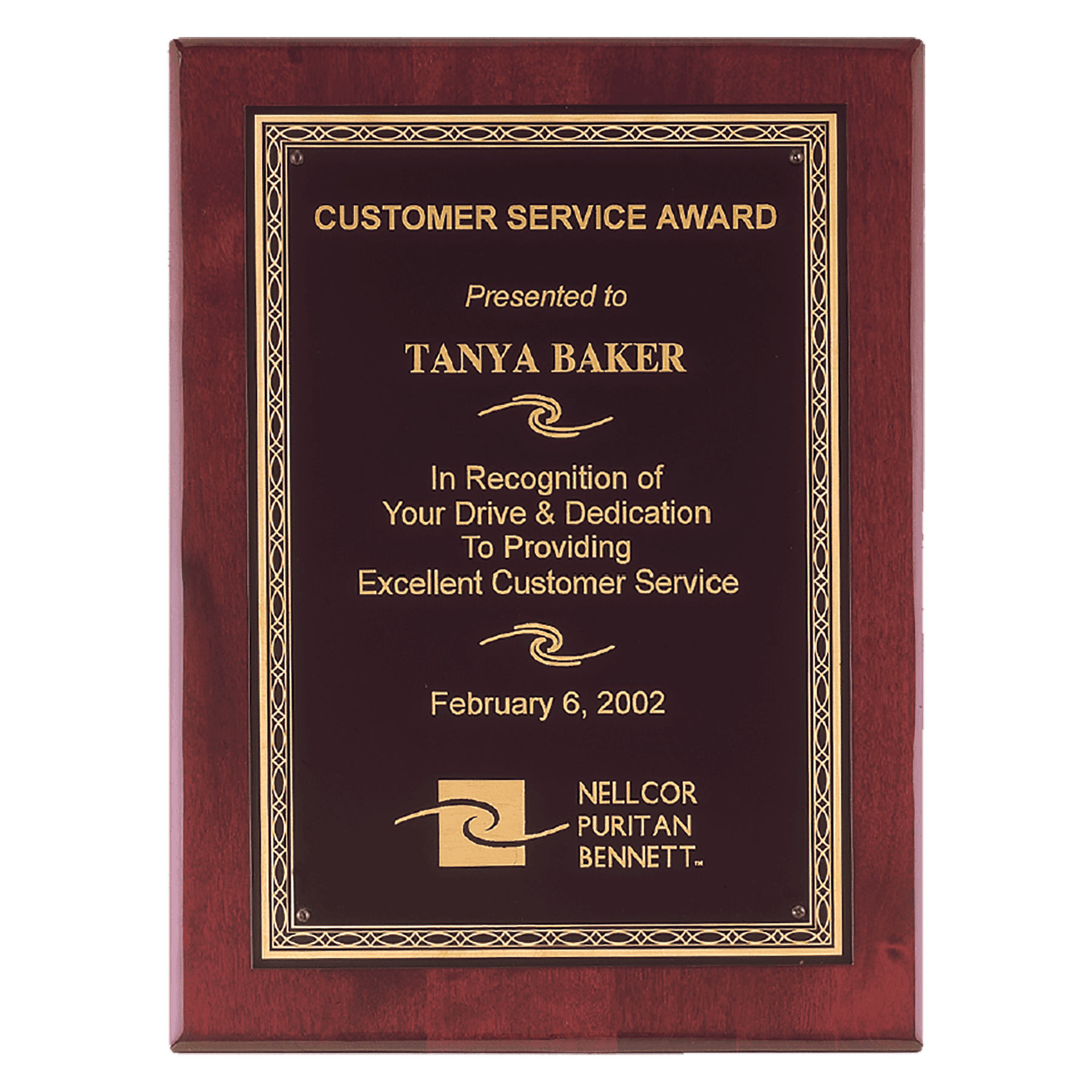 8" x 10" Airflyte Premium Rosewood Piano Finish Plaque with Gold Florentine Border Laserable Black Brass Plate