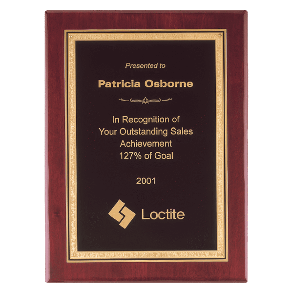 9" x 12" Airflyte Premium Rosewood Piano Finish Plaque with Gold Florentine Border Black LaserFX Plate