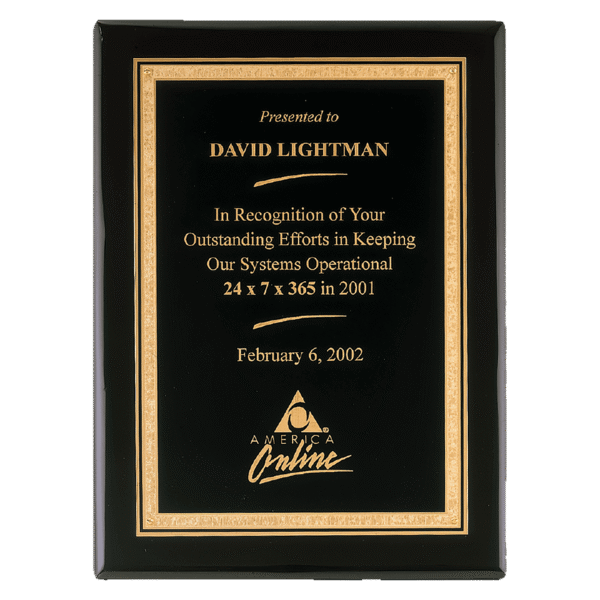 11" x 14" Airflyte Premium Black Piano Finish Plaque with Gold Florentine Border LaserFX Plate