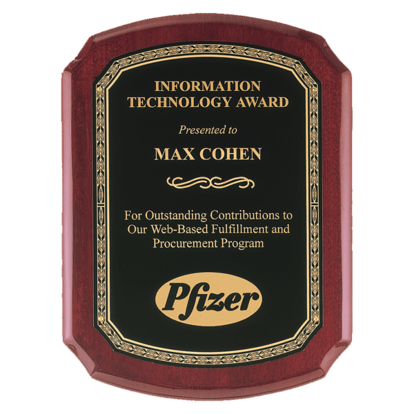 8" x 10" Airflyte Rosewood Piano Finish Plaque with Back Florentine Gold Border LaserFX Plate