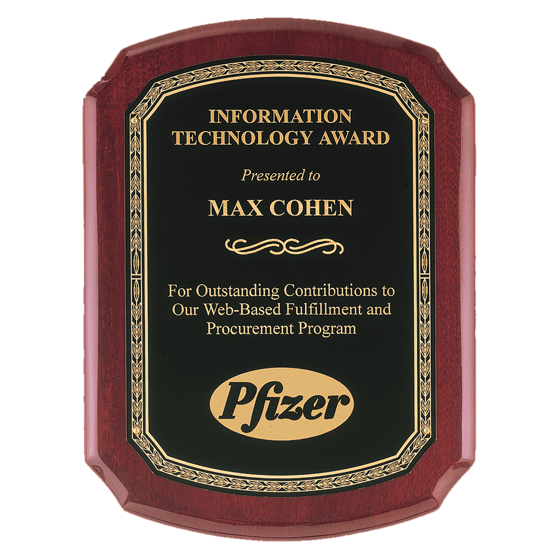 8" x 10" Airflyte Rosewood Piano Finish Plaque with Back Florentine Gold Border LaserFX Plate