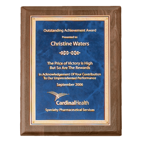 9" x 12" Airflyte Premium Walnut Piano Finish Plaque with Gold Florentine Border Sapphire Marble LaserFX Plate