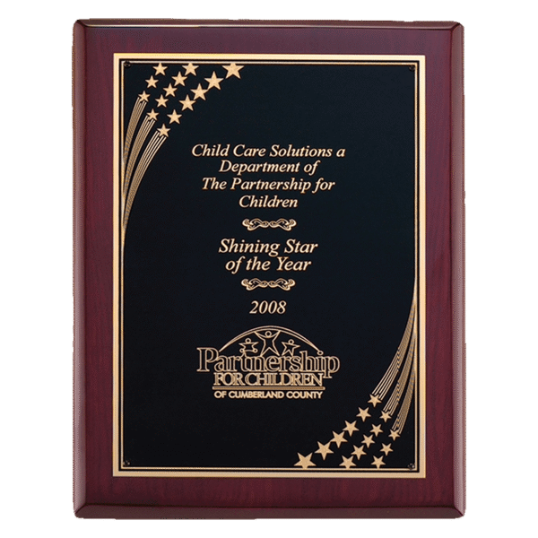 8" x 10 1/2" Airflyte Rosewood Piano Finish Plaque with Gold Florentine Star Border LaserFX Plate