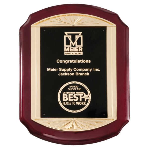 11" x 15" Rosewood Piano Finish Plaque with Metal Gold Sunburst Frame Casting and Black LaserFX Plate