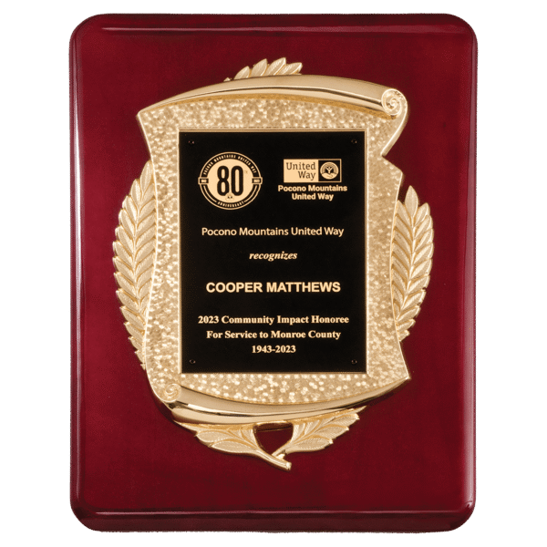 11" x 15" Rosewood Piano Finish Plaque with Metal Gold Scroll Frame Casting and Black LaserFX Plate