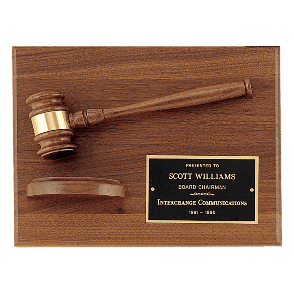 9" x 12" Solid Walnut Plaque with a Walnut Gavel, Gold Gavel Band, Black Laserable Brass Plate and a Walnut Half Sounding Block