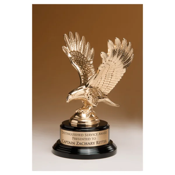 Custom Engraved 9" Eagle on a Black Piano Base with a Gold Flex-Brass Plate