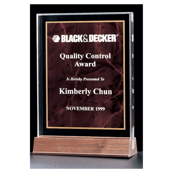 Custom Engraved 5" x 7 5/8" Ruby Marble Acrylic Award with Walnut Base
