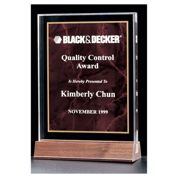 Custom Engraved 5" x 7 5/8" Ruby Marble Acrylic Award with Walnut Base