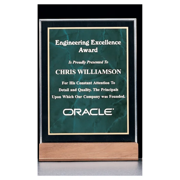 Custom Engraved 6" x 8 5/8" Emerald Marble Acrylic Award with Walnut Base